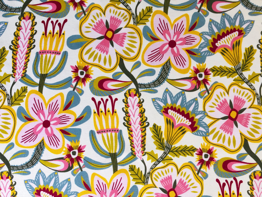 Folk Cottage Garden Pink Yellow Floral Quilting Cotton Fabric By 1/4 Or 1/2 Yard, Fat Quarter Fabric, Australian