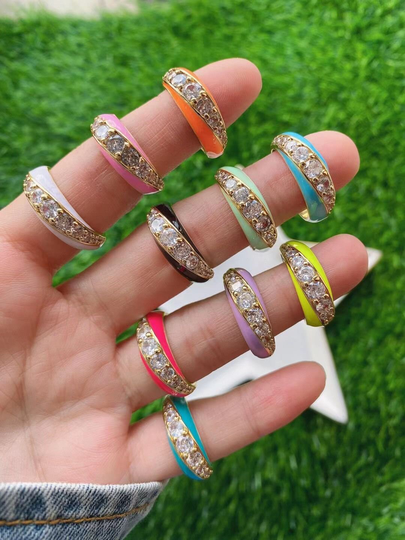 5-10Pcs, Neon Enamel Gold Color Ring Sparking Bling Clear Cz Paved Adjusted Women Finger Rings