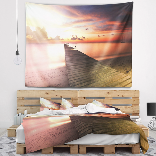 Designart 'Wooden Boardwalk into Colorful Sea' Bridge Wall Tapestry