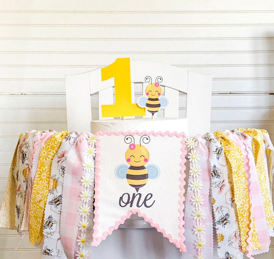 Pink Honey Bee Daisy Birthday High Chair Tutu, Fabric Banner, Cake Topper, 1st Smash