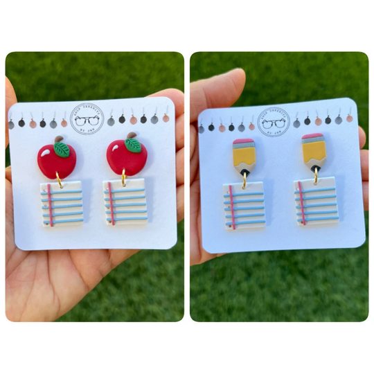 Back To School Paper Earrings, Pencil Clay Teacher Gift For Teacher, One Of A Kind Gift, Supplies, Apples