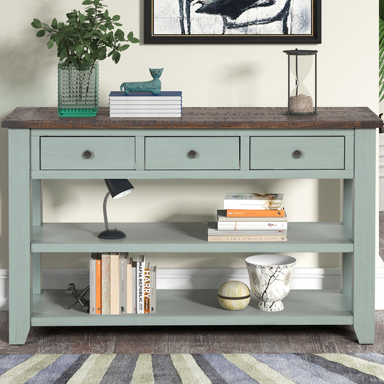 48'' Solid Pine Wood Top Console Table, Modern Entryway Sofa Side Table with 3 Storage Drawers and 2 Shelves. Easy to Assemble