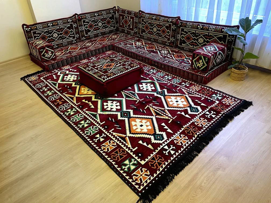 Corner Sofa Set, Burgundy Floor Sofa, Low Level Couch Seating Arabic Style Majlis Seating, Full Sectional