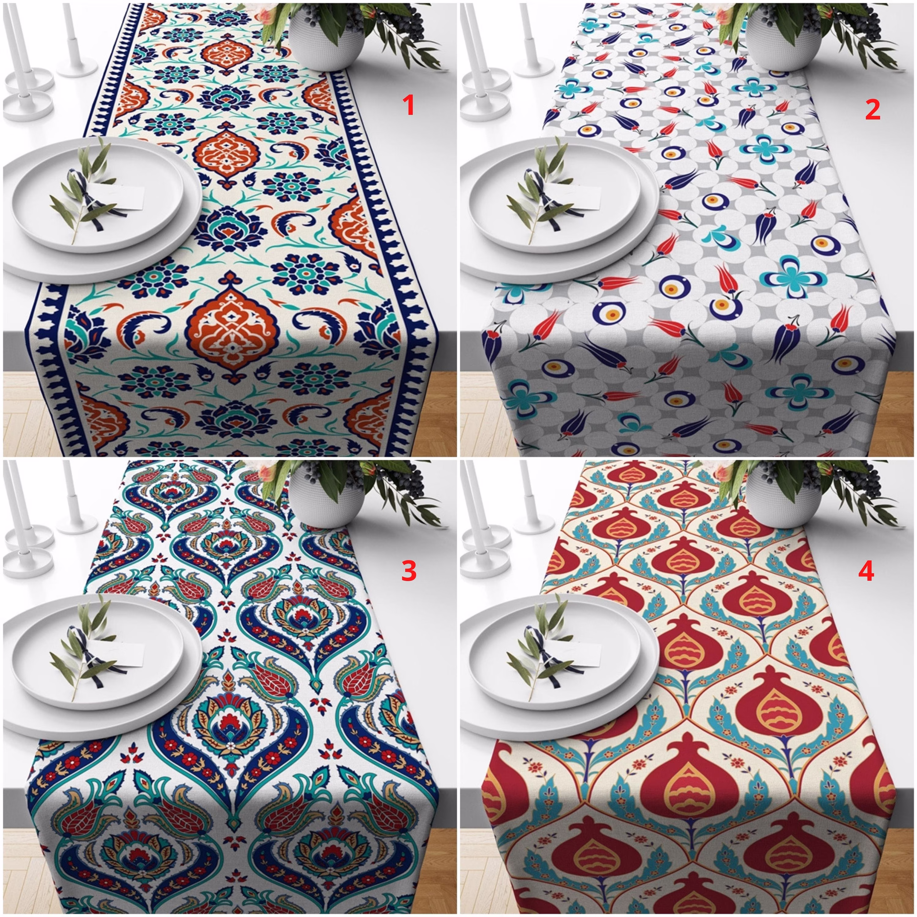 Tulip Motif Table Runner, Ethnic Top, Turkish Tile Patterned Cover, Authentic Decor, Bohemian Home Decor