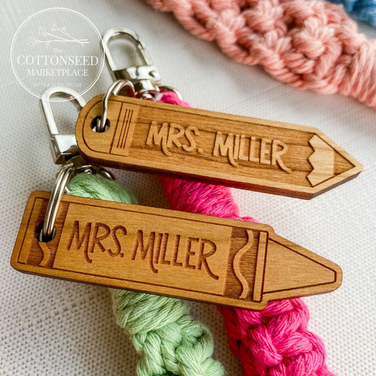 Personalized Teacher Pencil & Crayon Macramé Keychain Wristlet. Appreciation Gift. Bag Tag. Lobster Claw Wrist Lanyard