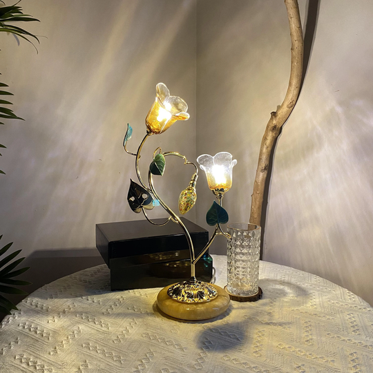Brass Table Lamp - Desk With Flower Glass Shades & Jade Stone Base Art Nouveau Cute Home Decor 2 Lights