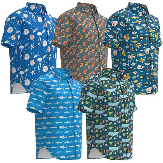 Sea Ocean Water Creatures Animal Theme Fish Shark Jaws Whale Jellyfish Starfish Prawn Shell Printed Pattern Short Sleeve Collar Button Shirt