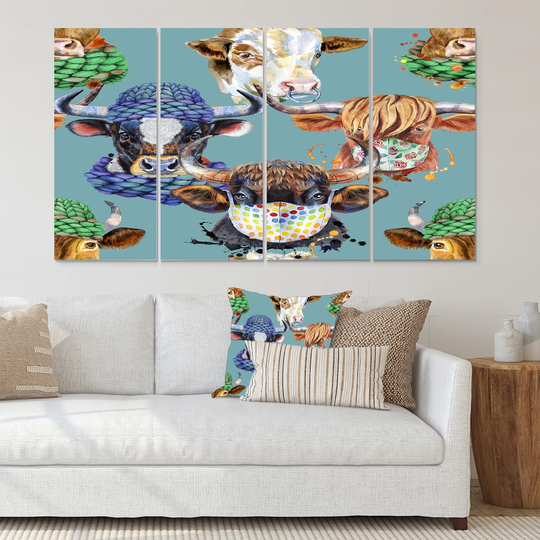 Designart 'Colorful Bulls On Blue' Patterned Canvas Wall Art Print - 60x32 - 5 Panels