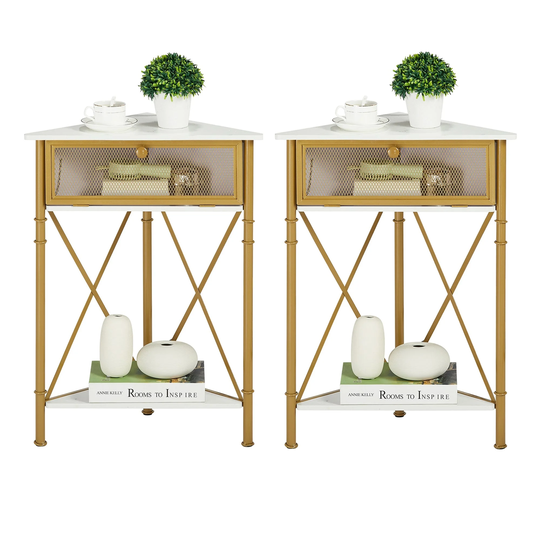 Set of 2 Industrial Triangle Side Table Corner Table with Storage Shelf, Rustic Brown