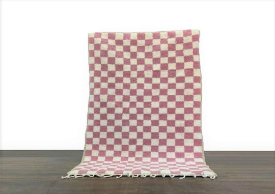 Beni Ourain Natural Fibers Pink Sofa Rug, Berber Ethnic Checkered Luxurious Wool Carpet, Moroccan Handmade Soft Entryway Rug Runner