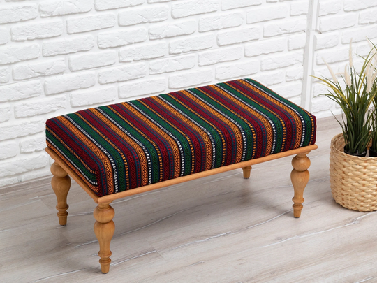 Bedroom Ottoman Bench, Wood Work Bench. Turkish Brand New Kilim Bench, Dining Table Housewarming Gift, Entryway Sitting Chair