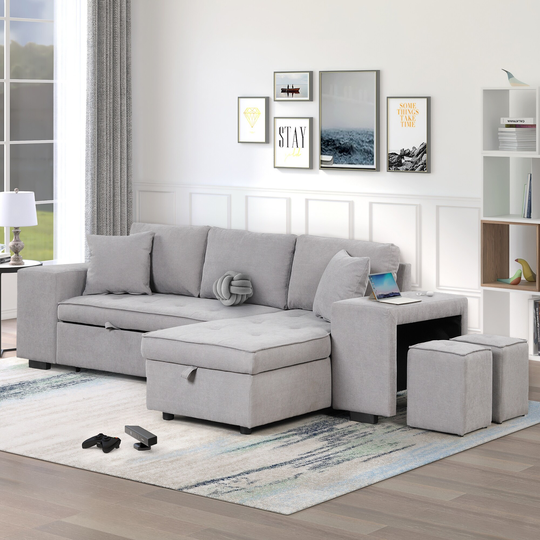 3-seat Reversible Sectional Couch Sofa w/Storage Chaise and 2 Stools