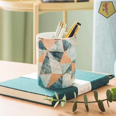 Pen Holder Stand For Desk Cute Durable Ceramic Pencil Cup Pot For Kids Women Girls Desk Organizer Makeup Brush Holder (Lattice-Green)