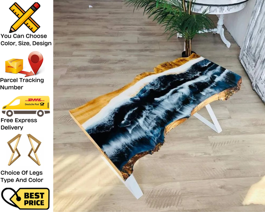 Ocean Wave Resin Epoxy Table, Live Edge Coffee Dining 100% Handmade Table