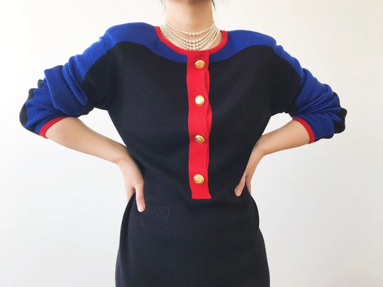 Vintage Knit Dress Sweater Wool Color Block Contrast Midi Pencil Black Blue Red Minimalist Karin Stevens Size S/M