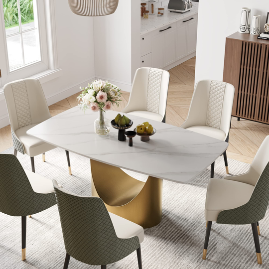 Modern Dining Table with Rectangular Sintered Stone Tabletop, Carbon Steel Leg, Minimalist Dining Room Table