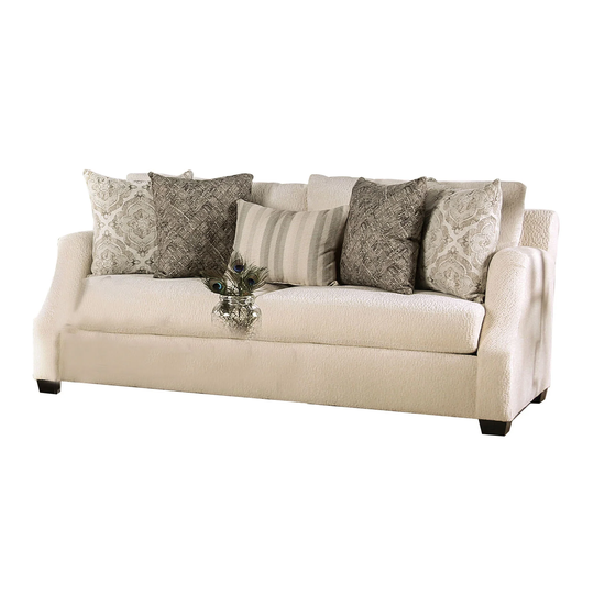 Chenille And Wooden Sofa with Rounded Armrests in Ivory
