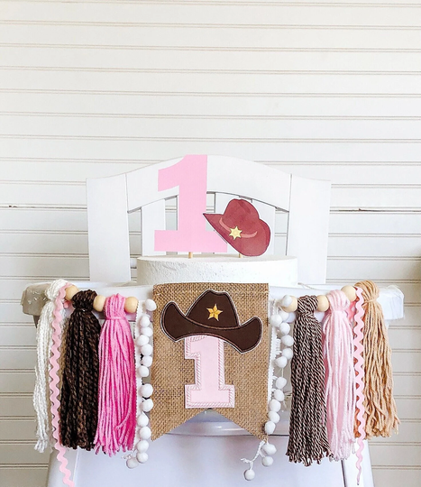 Cowgirl Birthday High Chair Yarn Tassel Banner, Cake Smash Backdrop First Birthday, Topper