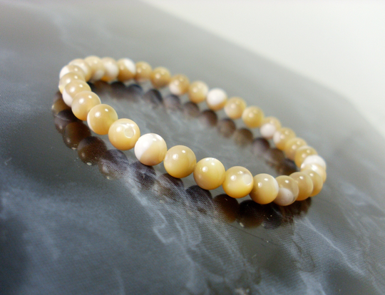 Natural Mother Of Pearl Bracelet 6mm, Golden Beige & Cream Shell Bracelet, Trochus Niloticus, Beaded For Women + Gift Bag