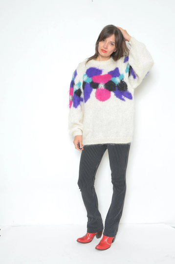 Colorful Mohair Sweater/Vintage 80S Oversized Abstract Floral Fluffy Pullover - Size Medium/Large