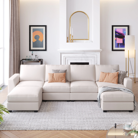 Living Room 3 Pieces U-Shaped Sofa with 2 Chaises and Removable Ottomans