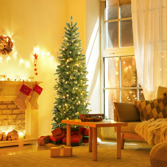 Gymax 6FT Hinged Pre-lit Christmas Slim Pencil Tree w/ 10 Lighting