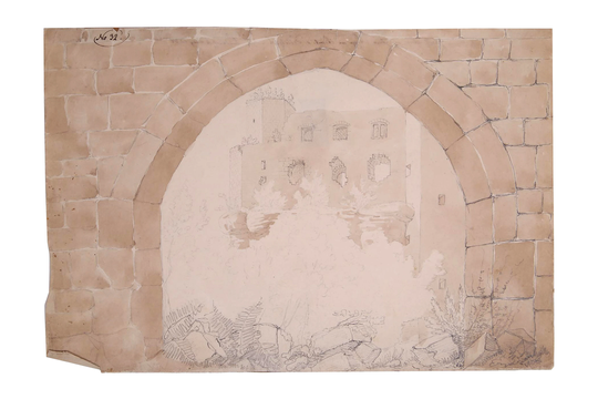 Antique 1800S Baumberg Castle Ruins Mixed Media Artwork Attributed To Friedrich Eisenlohr. Pencil, Ink Wash & Watercolor Painting On Paper