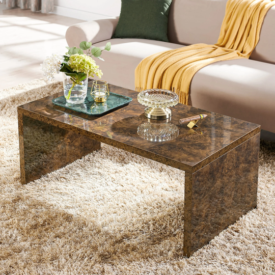 Burl Coffee Table, 40" MDF Living Room Table with Glossy Walnut Burl Veneers, Cocktail Table Tea Table