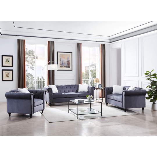 3 Piece velvet Upholstered Living Room Furniture Sofa Set Removable Cushion with Button and Copper Nail on Arms and Back