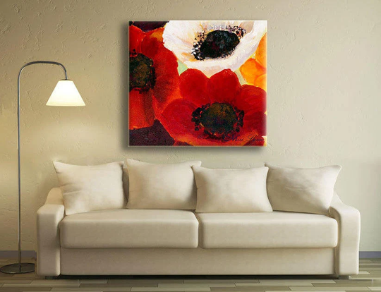 Colorful Living Room Picture, Anemone Art, Vibrant Flower Canvas Square Painting Print, Large Floral Red Flowers