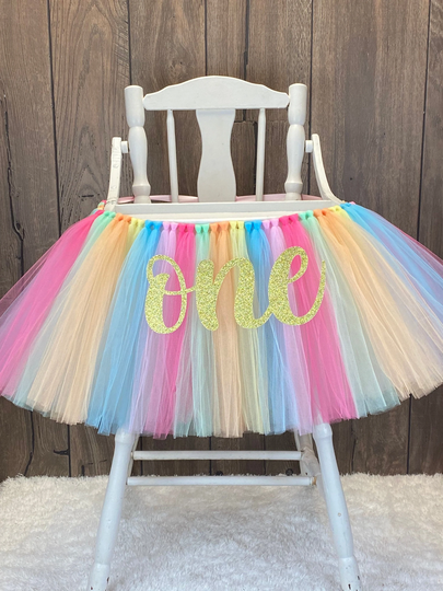 Pastel High Chair Tutu, Girls First Birthday Highchair Banner, Peach Summer Rainbow Party, Mint 1st Skirt, Smash Cake