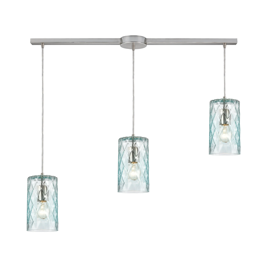 Diamond Pleat 3-Light Linear Mini Pendant Fixture in Satin Nickel with Light Aqua Glass