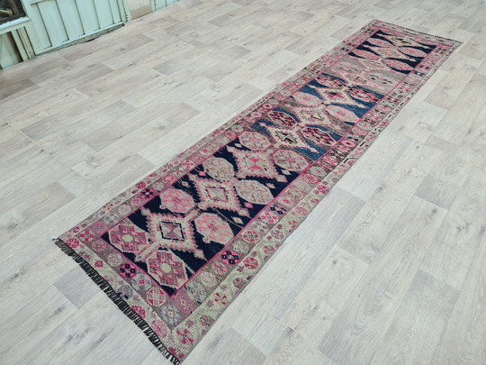 Narrow Colorful Vintage Runner Rug - 2.55x10.7 Feet Wool Low Pile Hand Loon Oriental For Hallway & Kitchen
