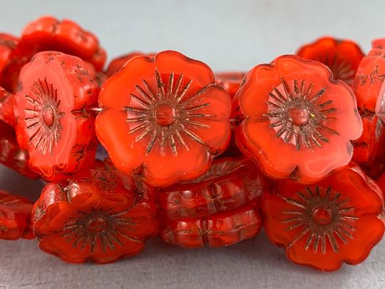 Large, Bright Orange Czech Glass Table Cut Flower Beads, Bronze Wash Starburst, Pendant - 22mm 1 Or 2 Pcs Fb766-B051