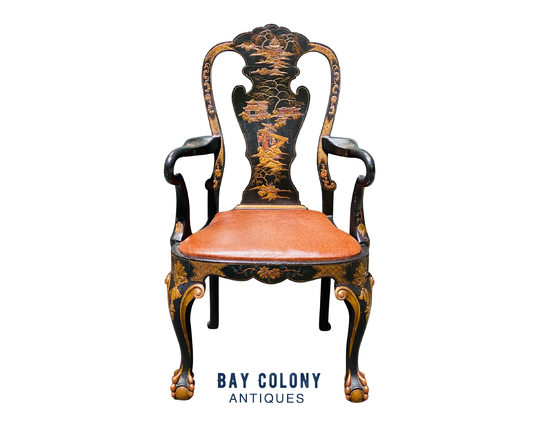 20Th Century Chinese Chippendale Antique Style Desk Chair - Chinoiserie Paint Ball & Claw Feet