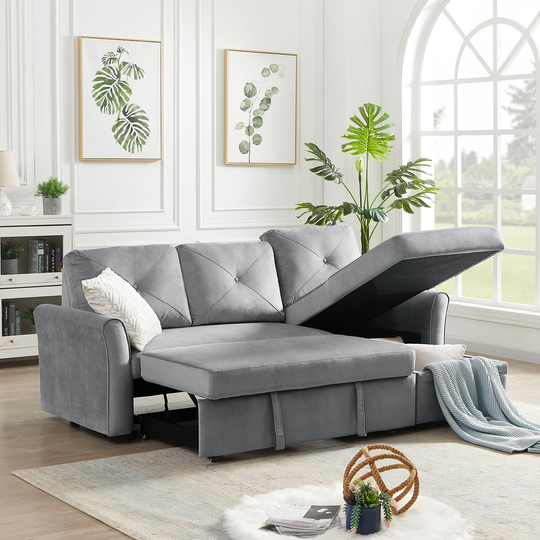 Modern Upholstered Sectional Sofa, 83" Pull Out Sleeper Sofa Reversible L-Shape 3 Seat Couch with Storage for Living Room