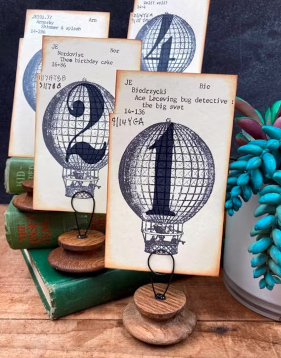 Vintage Wedding Table Number Cards Price Per Card Library Hand Decorated Hot Air Balloon Motif