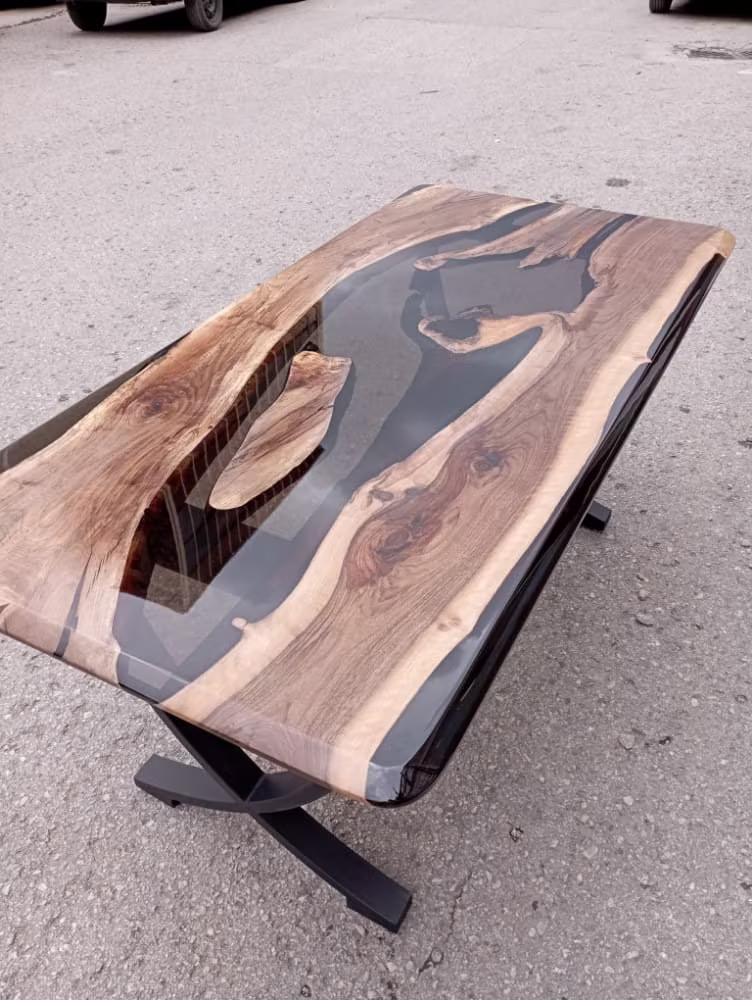 Custom Epoxy Table, Walnut Smokey Gray Dining Live Edge Resin River Handmade Furniture For Living Room