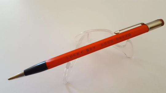 Vintage Circa 1950's Autopoint Mechanical Pencil Advertising Lucky Boy Bread, Galesburg, Illinois, Great Orange Color Working