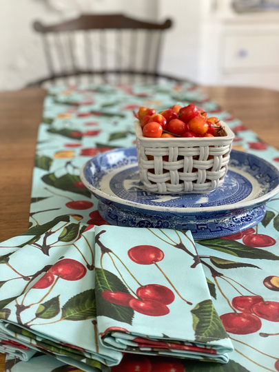 Retro Cherries 70" Table Runner Linen-Cotton | Original Kitchen Modern Farmhouse Shabby Chic Traditional Botanical