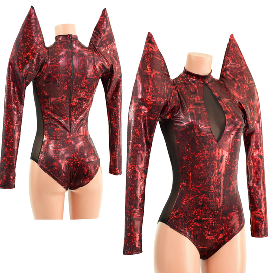 Primeval Red Mega Sharp Shoulder Long Sleeve Romper. Turtleneck, Zipper Back, Siren Cut Leg. Black Mesh Side Panels & Inset Keyhole - 157798