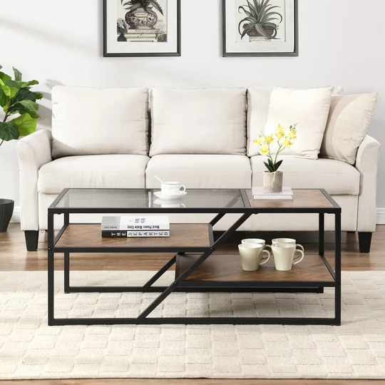 Coffee Table with Storage Shelf, Tempered Glass Coffee Table with Metal Frame for Living Room&Bedroom