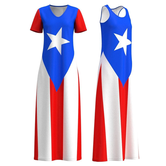Puerto Rico Rican Flag Inspired Blue Red White Color Long Maxi Dress Short Sleeve Sleeveless