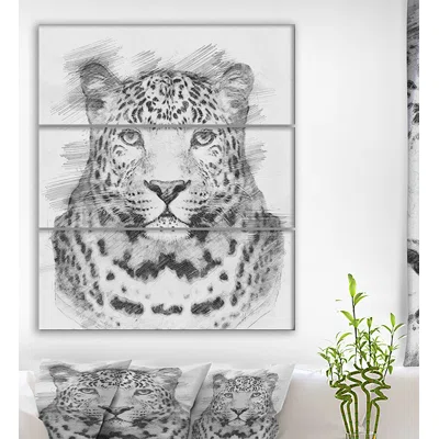'Black and White Leopard in Pencil Sketch' Oil Painting Print Multi-Piece Image on Wrapped Canvas
