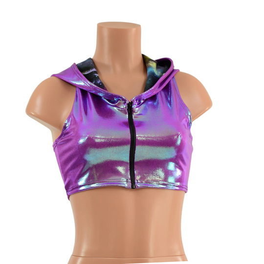 Plumeria Mini Crop Top With Racerback, Galaxy Lined Hood, & Black Bodice Zipper 1579153