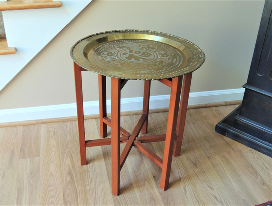 Vintage Brass Tray Table With Folding Legs, Etched Brass Birds & Animals, Mid Century Side Table, Made in Hong Kong