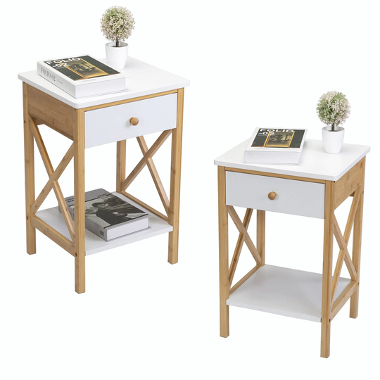 Nightstand Set of 2, Wood End Table with Drawer, Storage Shelf, X-Shape Frame, Side Table for Living Rooms, Bedrooms, Offices
