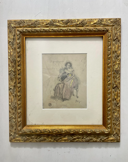 1860S French Old Master Antique Pencil Drawing. Young Woman Sitting On A Chair