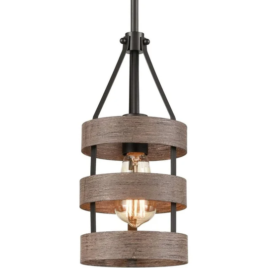 Burano Farmhouse Island Pendant Light Metal Drum Ceiling Hanging Fixture,Wood Grain Finish - Black & Brown