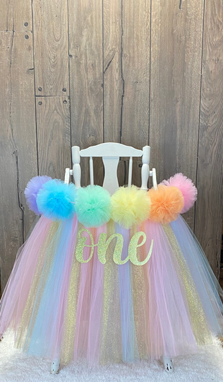 Pastel Rainbow High Chair Tutu, Highchair Banner For Girls First Birthday Smash Cake Party, Skirt With Pompoms, Party